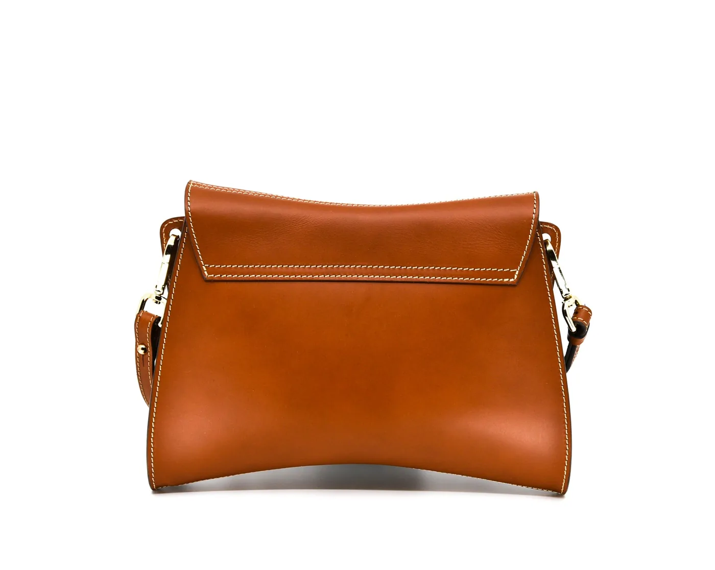 The Trooper, a cognac leather shoulder bag by Freedman's, back view showing hand-stitched edges and gold hardware.