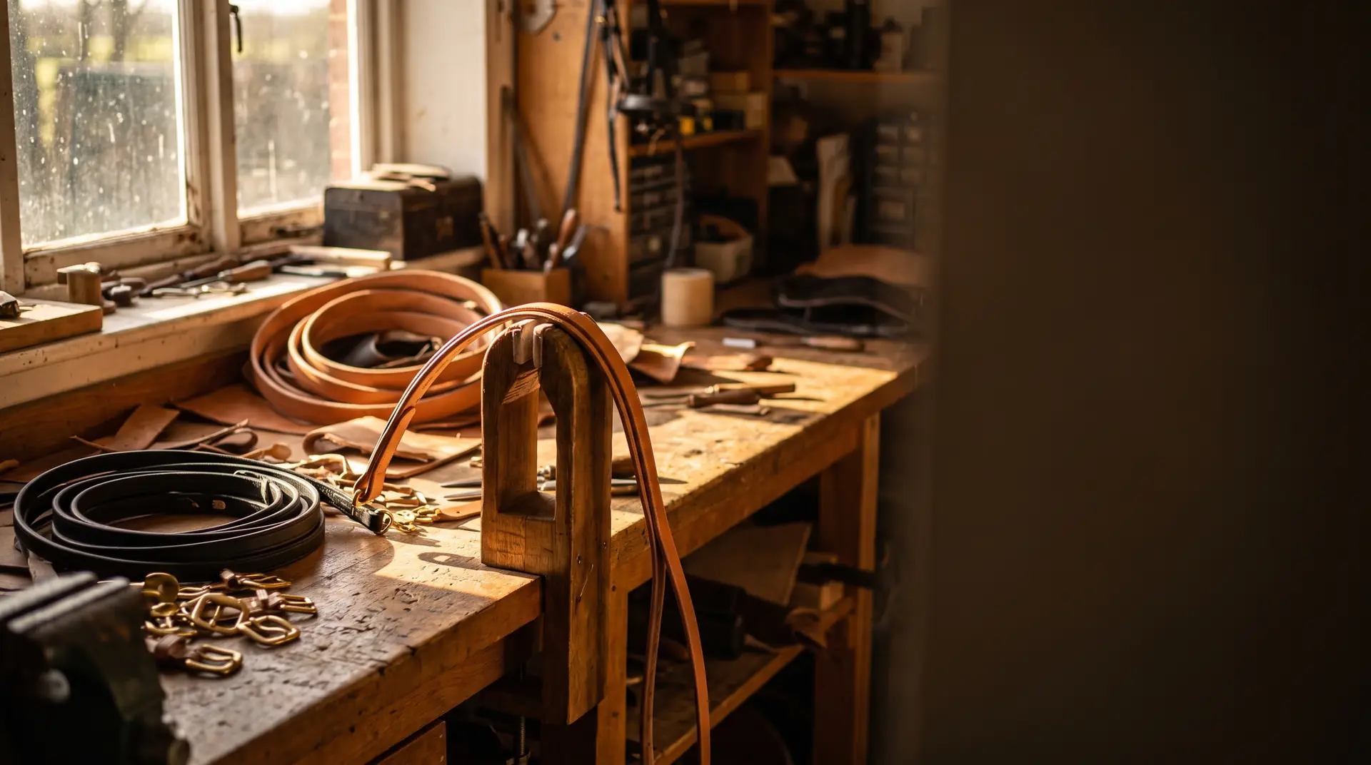 A leather harness strap clamped in a stitching horse on a wooden workbench, coils of bridle leather and brass hardware nearby.