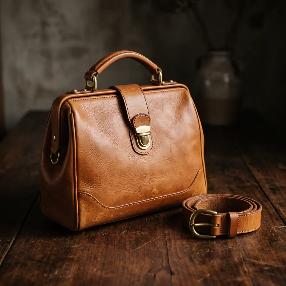 A structured tan leather handbag with brass hardware on a dark wood table beside a folded leather belt.