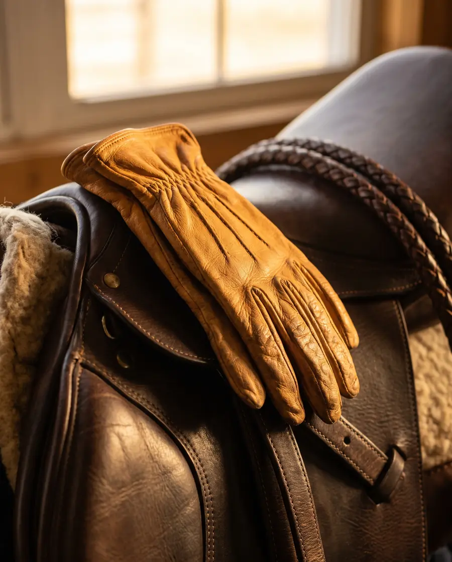 A pair of tan leather riding gloves resting on a saddle, stitching detail visible.