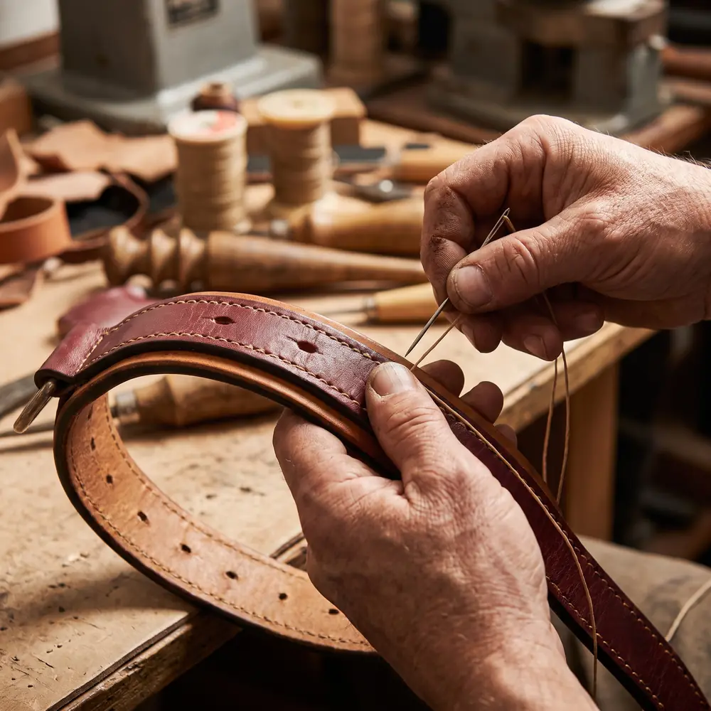 Close-up of a craftsman's hands hand-stitching a leather strap with waxed thread and two needles, saddle stitch technique.