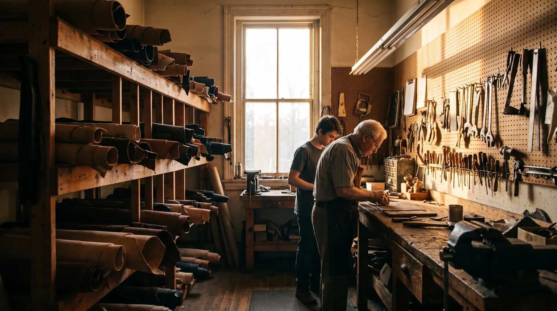 Two craftsmen, one older and one younger, working side by side at a leather workshop bench lined with tools and rolled hides.